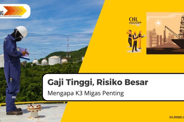 Ilustrasi pekerja migas dengan perlindungan K3 lengkap di lokasi kerja