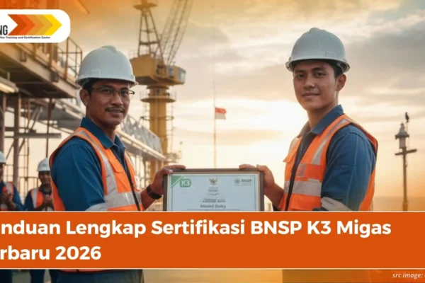 Infografis panduan syarat administrasi terbaru sertifikasi kompetensi BNSP K3 Migas tahun 2026.