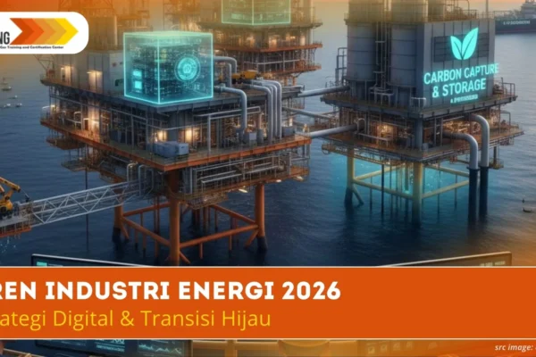 Visualisasi teknologi AI dan fasilitas CCUS pada operasional migas sebagai bagian dari tren industri 2026.