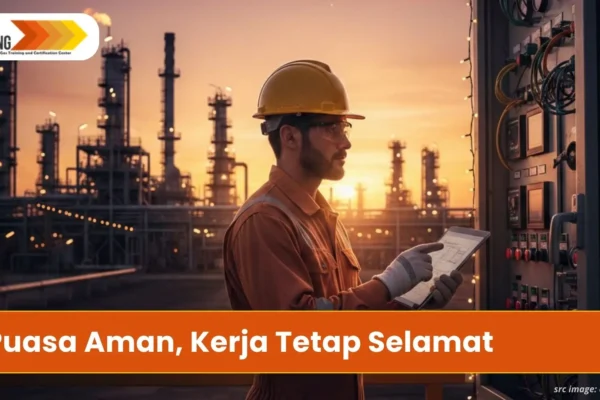 Seorang pekerja migas melakukan pengecekan panel di kilang saat sore hari dengan latar belakang matahari terbenam (suasana Ramadan)