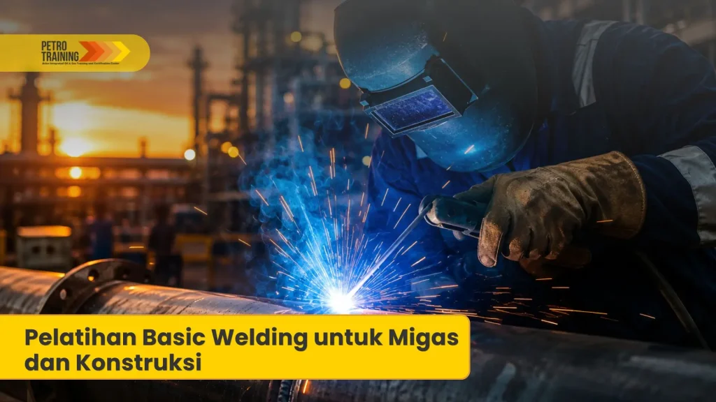 Welder profesional sedang melakukan praktik basic welding di industri migas.