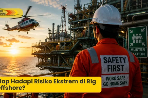Pekerja migas dengan APD lengkap di rig offshore