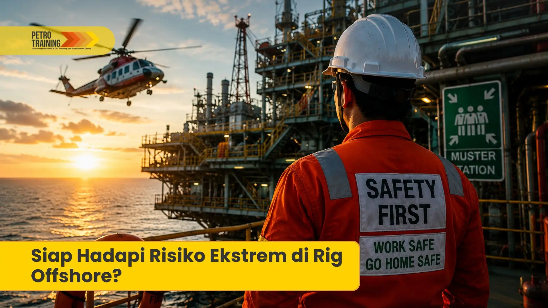 Pekerja migas dengan APD lengkap di rig offshore