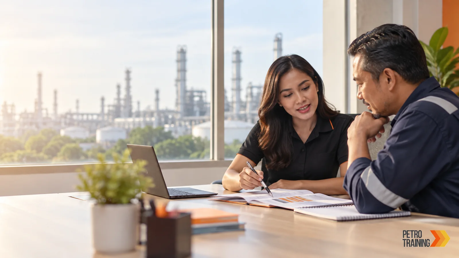 Ilustrasi AI suasana konsultasi perpanjangan sertifikasi dengan watermark PetroTraining Asia
