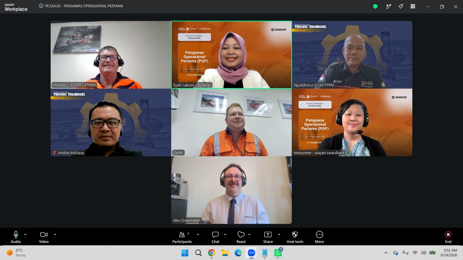 Dokumentasi sesi daring IHT assessment Pengawas Operasional Pertama PT Sandvik SMC pada 24 September 2026