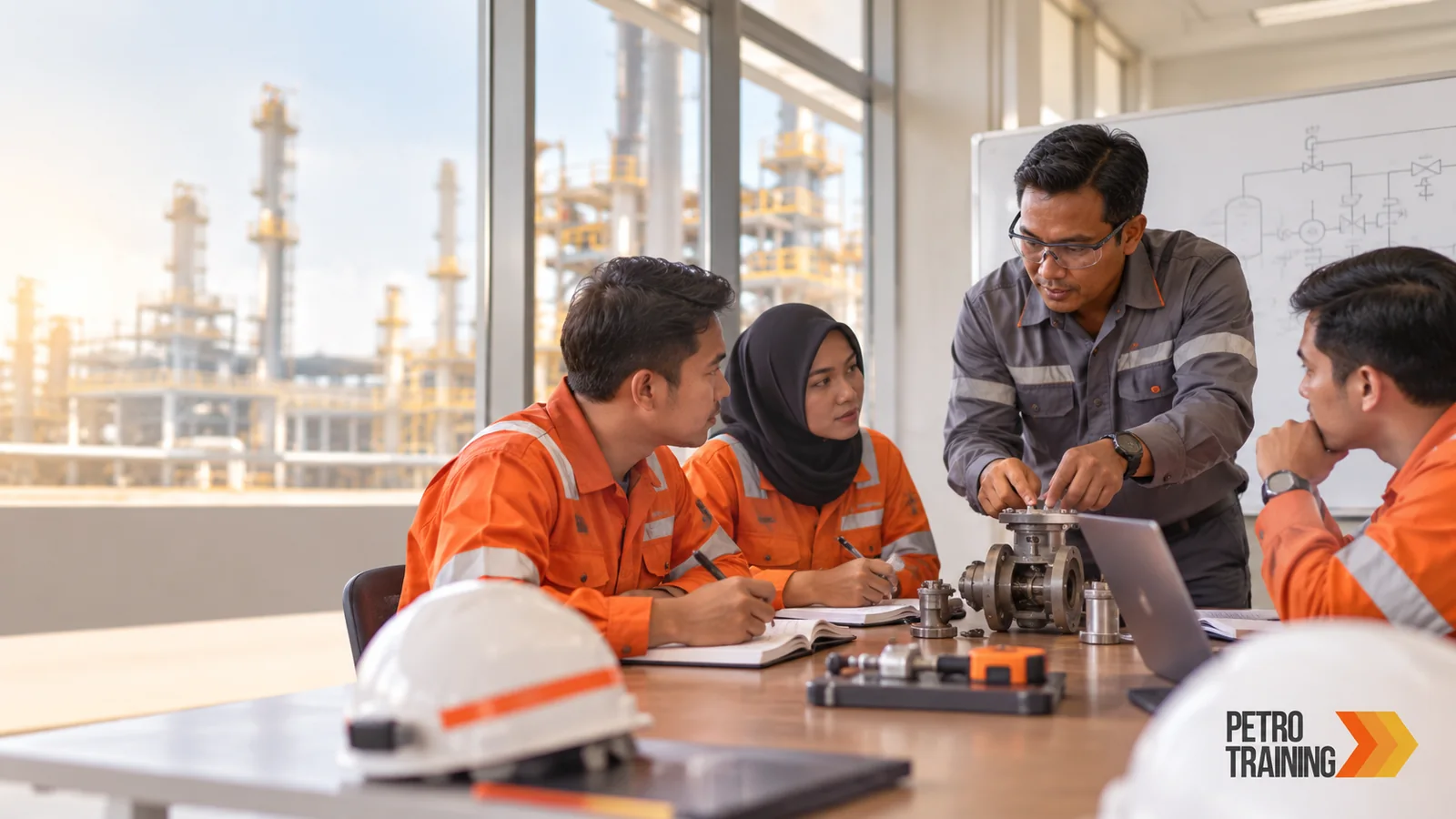 Ilustrasi AI suasana pelatihan in-house untuk perusahaan dengan watermark PetroTraining Asia