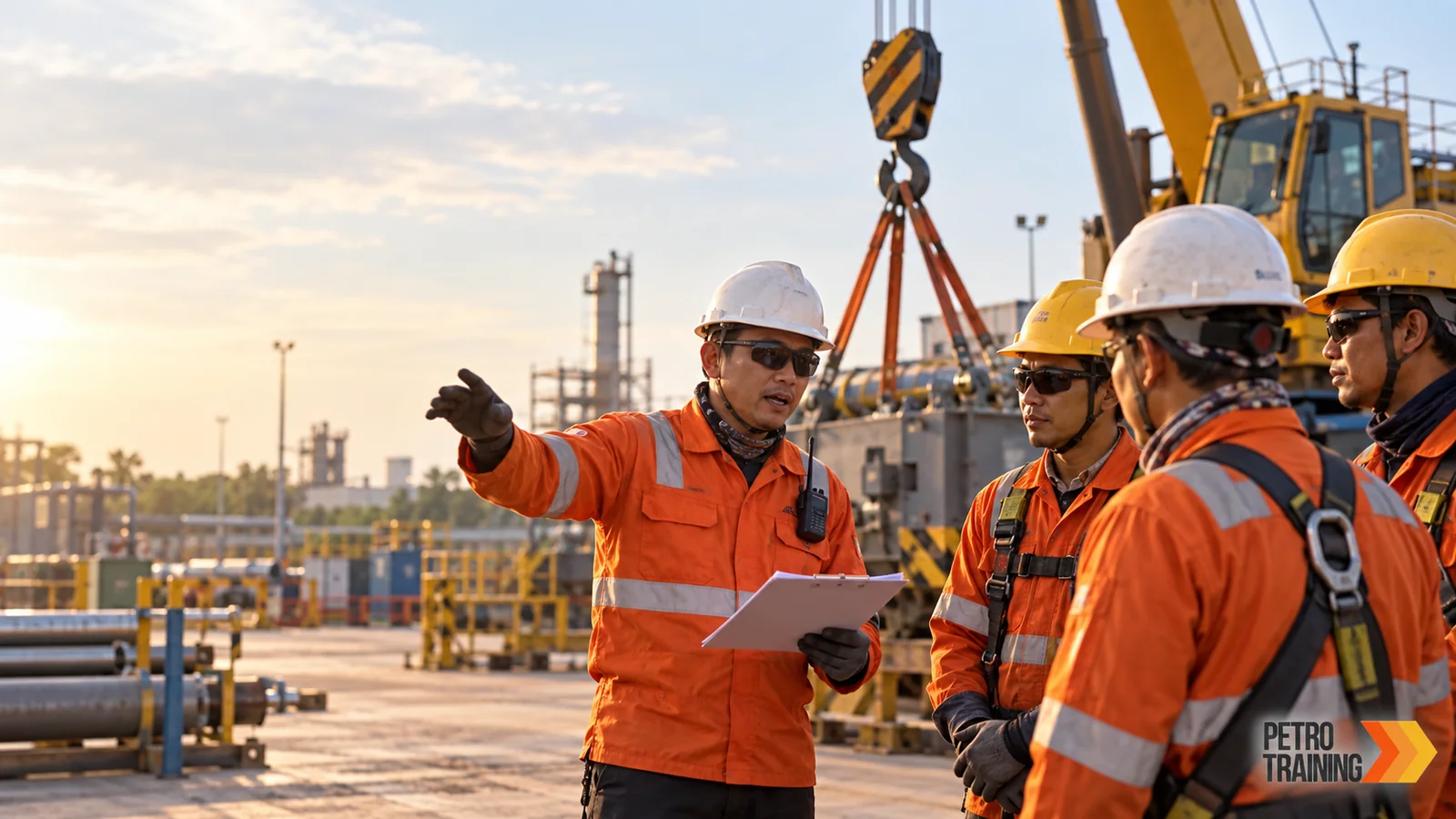 Ilustrasi AI suasana pelatihan operasi industri dengan watermark PetroTraining Asia