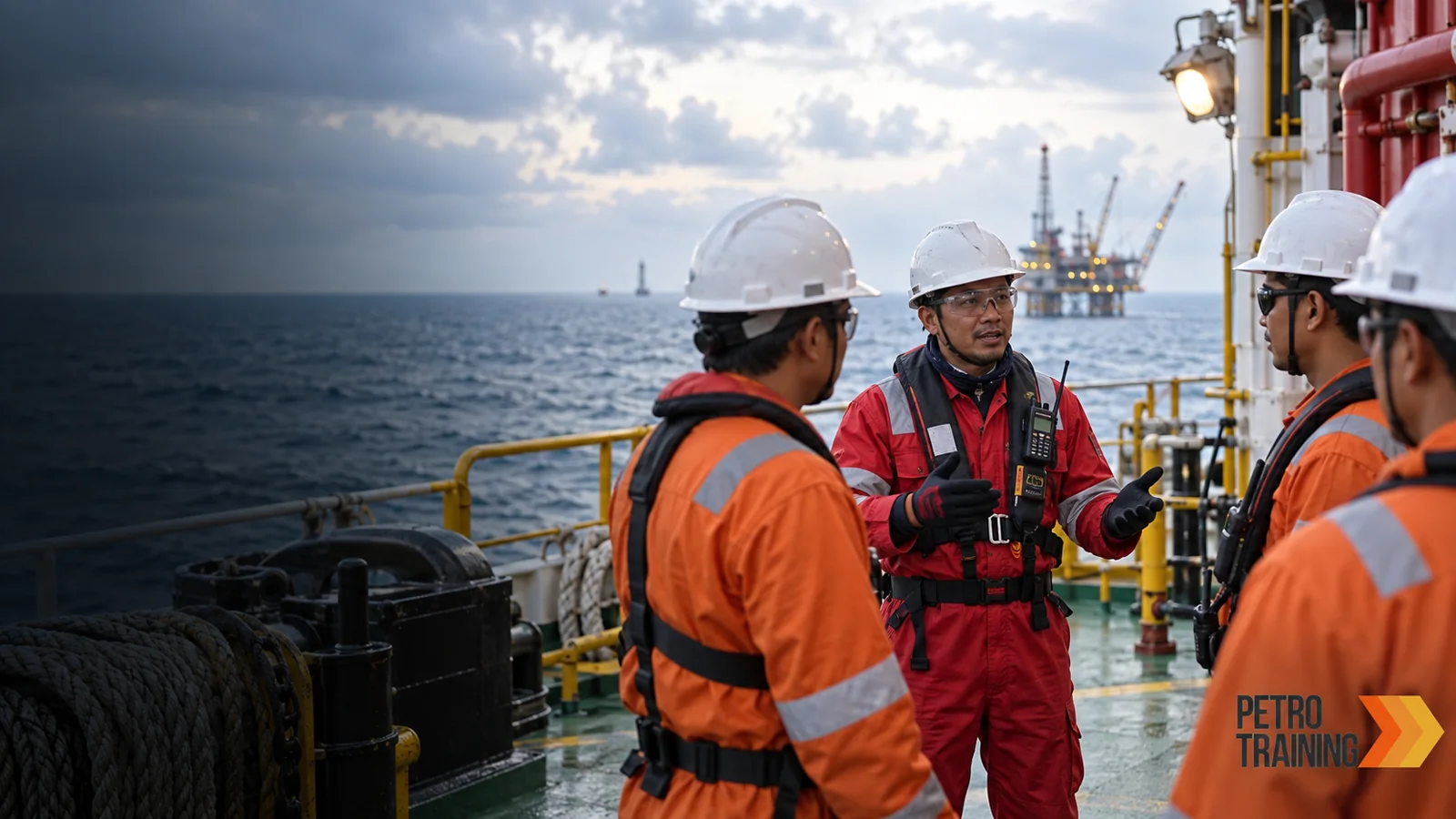 Ilustrasi AI suasana pelatihan offshore & marine dengan watermark PetroTraining Asia