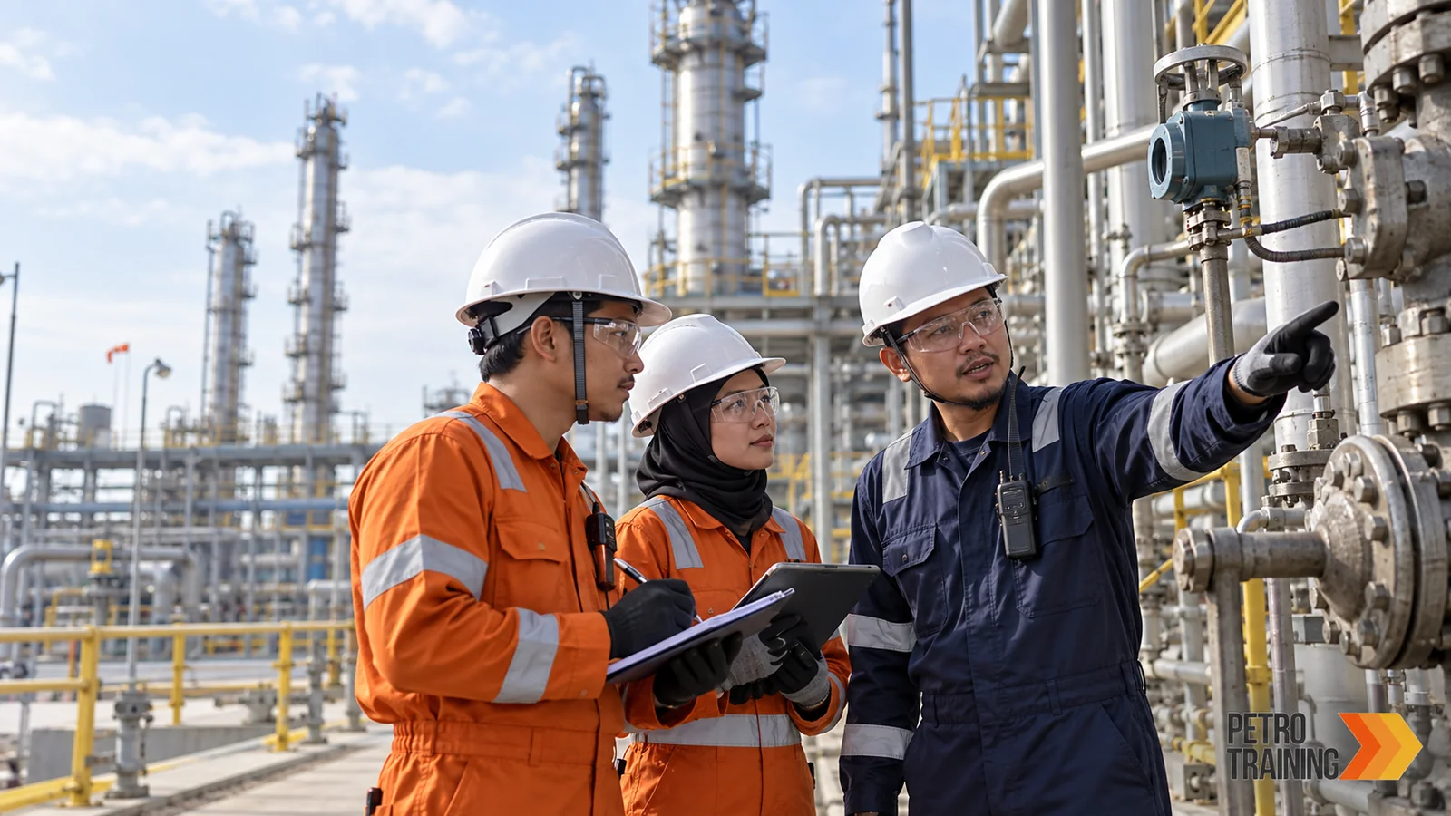 Ilustrasi AI suasana pelatihan petrokimia & proses dengan watermark PetroTraining Asia
