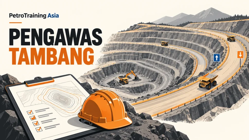 Ilustrasi tambang berjenjang, helm, dan catatan pengawasan operasional