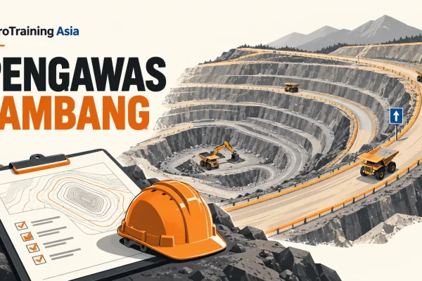 Ilustrasi tambang berjenjang, helm, dan catatan pengawasan operasional