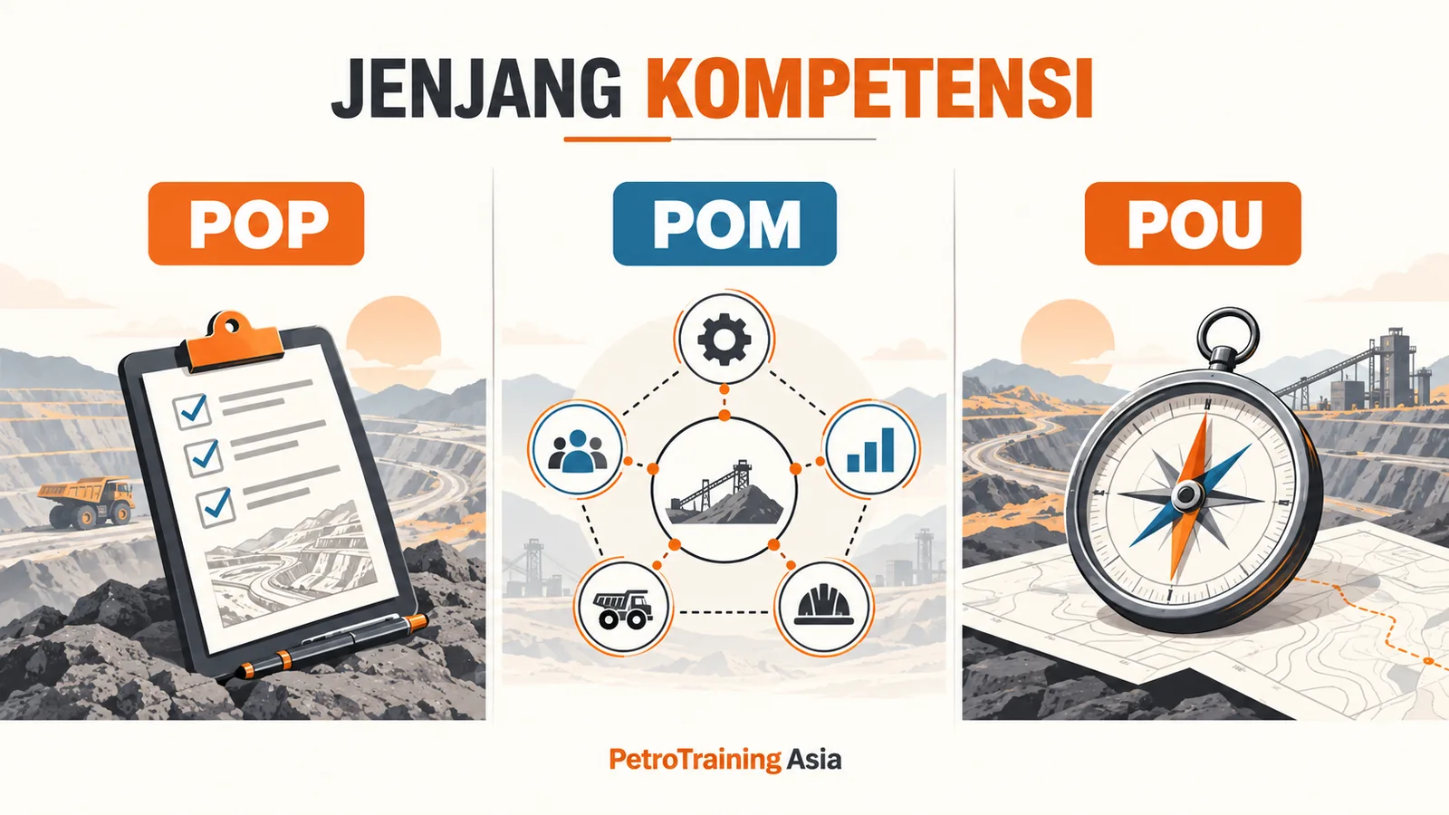 Ilustrasi tiga jenjang kompetensi pengawas: POP, POM, dan POU
