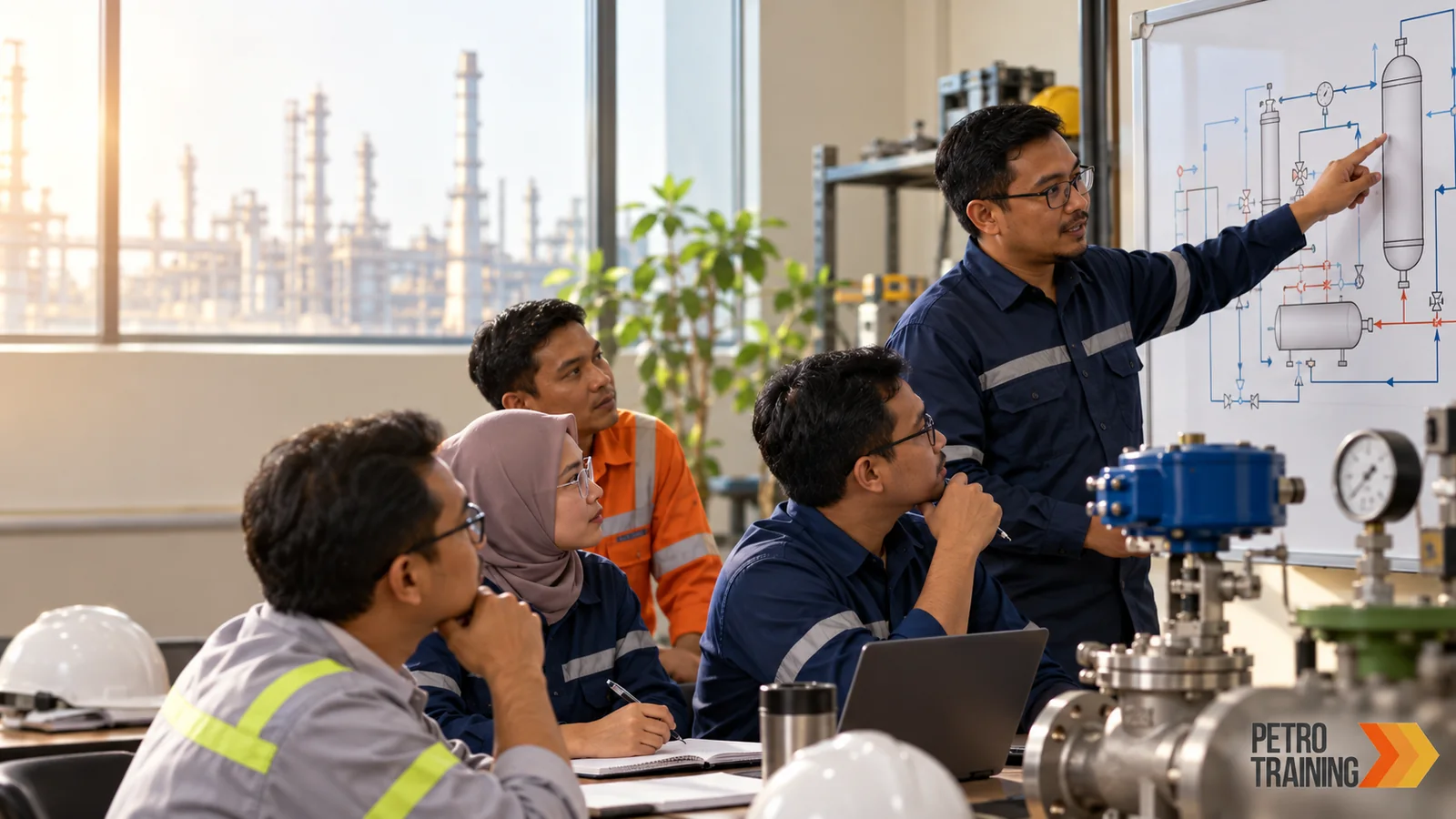 Ilustrasi kegiatan pelatihan dan sertifikasi industri dengan watermark PetroTraining Asia