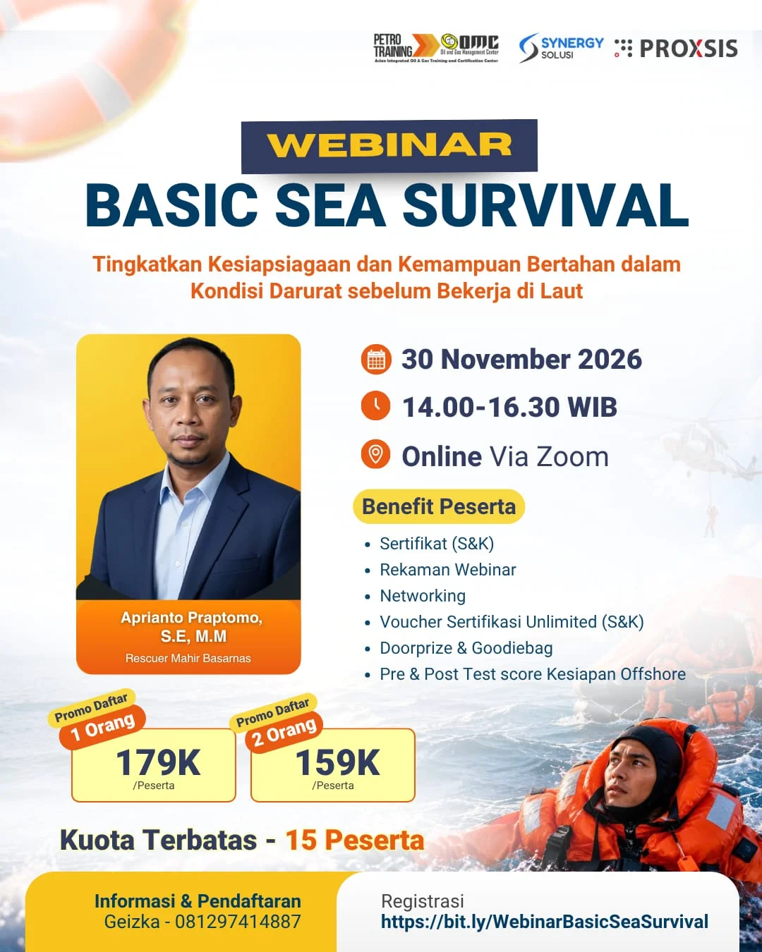 Flyer resmi Webinar Basic Sea Survival 30 November 2026